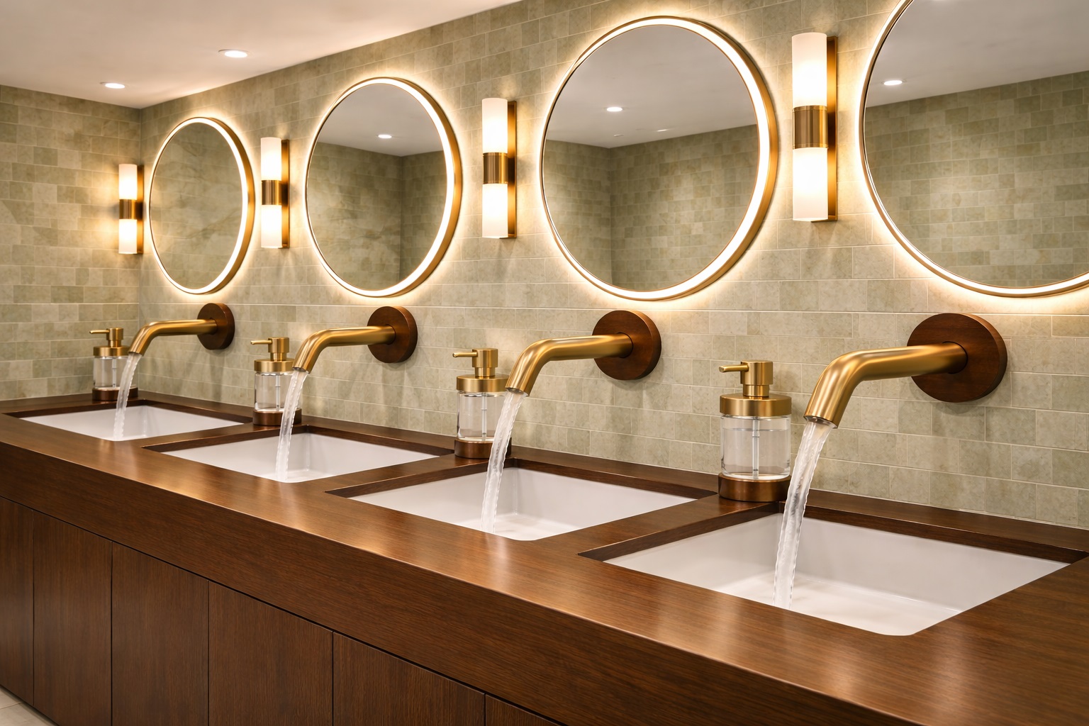 Integrated commercial soap dispenser faucet system in public restroom installation